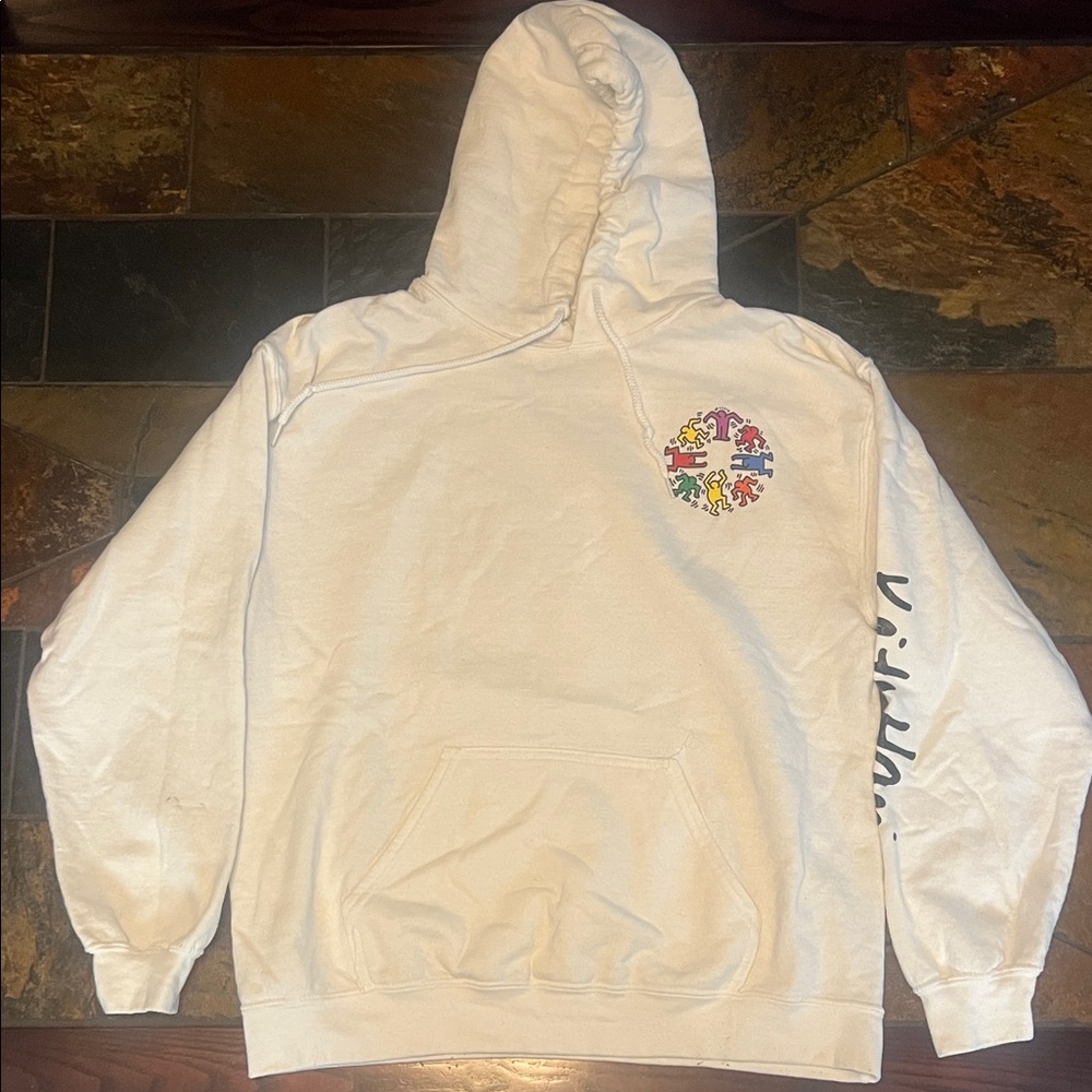 Keith Haring White Hoodie with Multicolor Logo